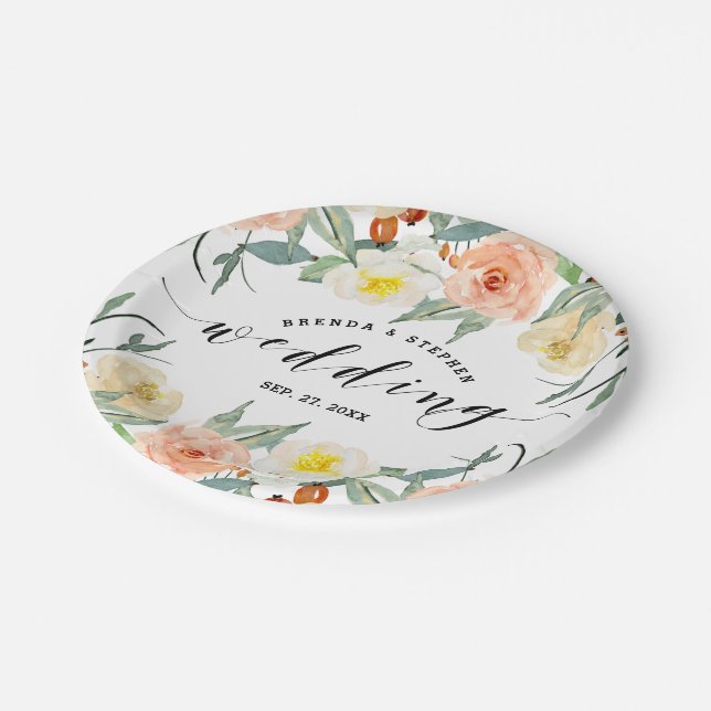 Colourful Flowers Border Wedding Typography Paper Plate (Angled)