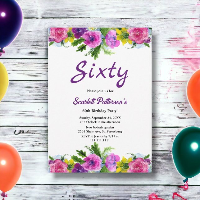 Colourful Flowers Botanical Floral 60th Birthday Invitation (Creator Uploaded)