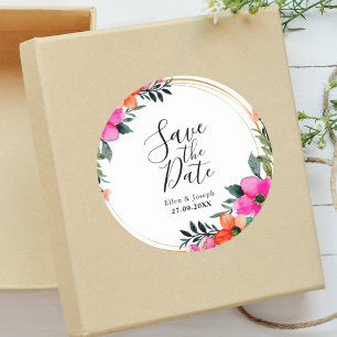 Colourful Flowers Botanical Wedding Save The Date  Classic Round Sticker