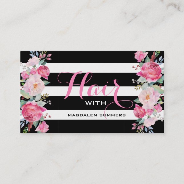 Colourful Flowers Bouquet Black & White Stripes Business Card (Front)