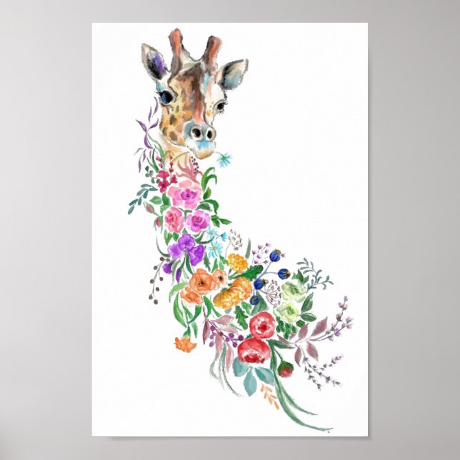 Colourful Flowers Bouquet Giraffe - Drawing Floral Poster (Front)
