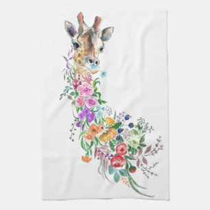 Colourful Flowers Bouquet Giraffe - Drawing Floral Tea Towel