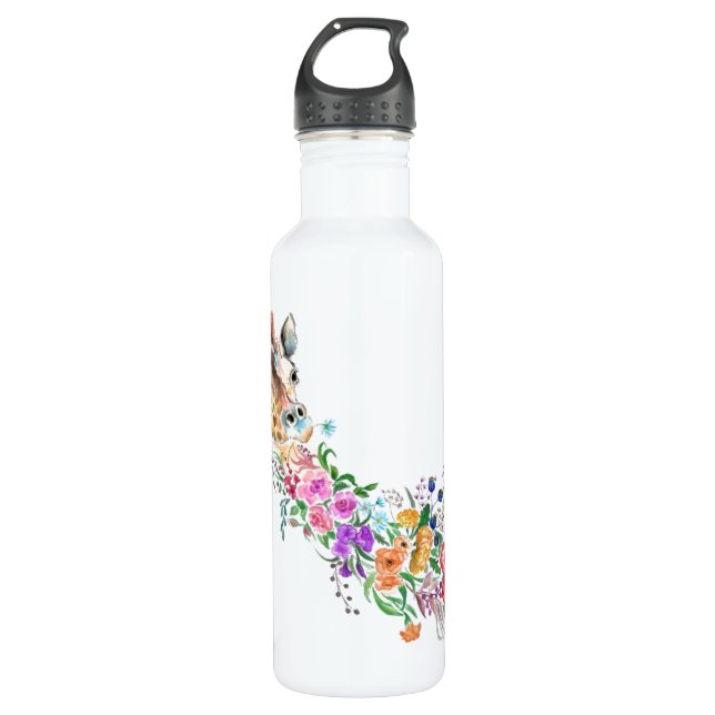 Colourful Flowers Bouquet Giraffe - Drawing Modern 710 Ml Water Bottle (Front)
