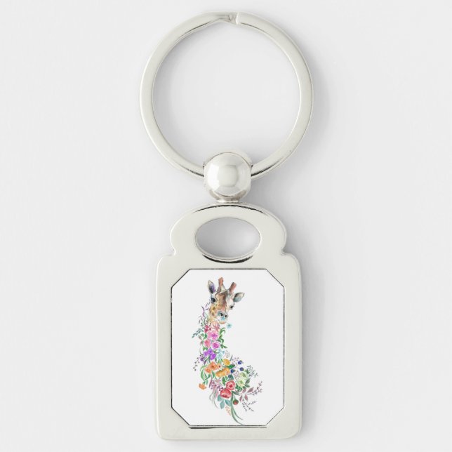 Colourful Flowers Bouquet Giraffe - Drawing Modern Key Ring (Front)