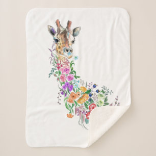 Colourful Flowers Bouquet Giraffe - Drawing Modern Sherpa Blanket