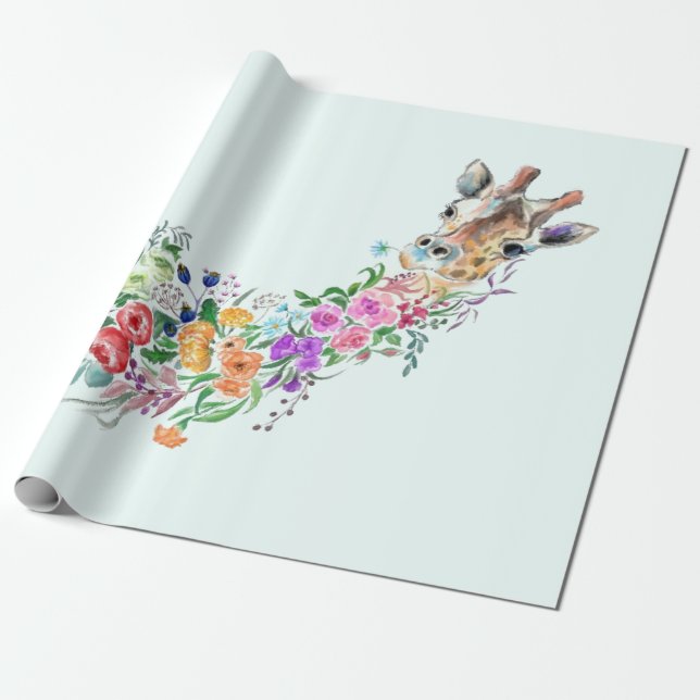Colourful Flowers Bouquet Giraffe Wrapping Paper (Unrolled)