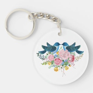 Colourful Flowers Bouquet & Love Birds  Key Ring