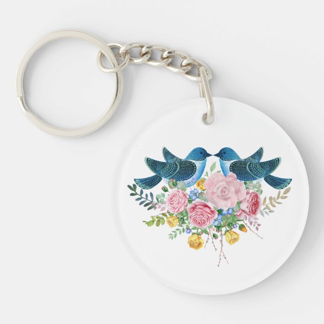 Colourful Flowers Bouquet & Love Birds  Key Ring (Front)