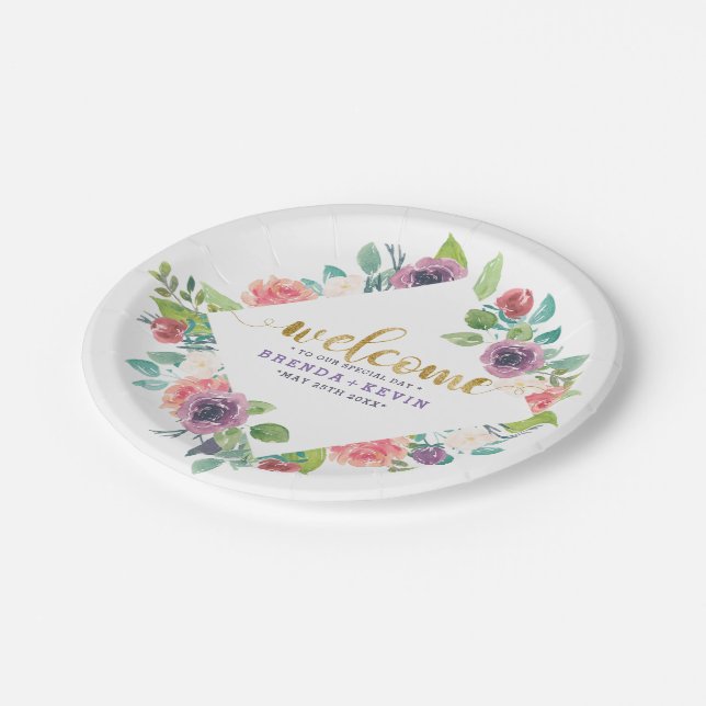 Colourful Flowers Bouquets Frame Wedding Welcome Paper Plate (Angled)