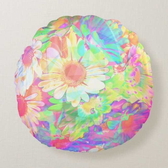 Colourful Flowers Bright Cheerful Round Cushion (Front)