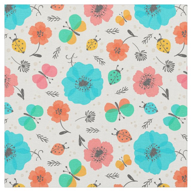 Colourful flowers bugs pattern fabric (Close Up)