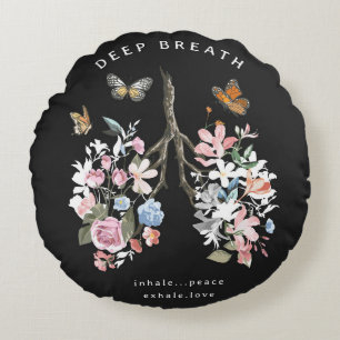 Colourful flowers, butterflies, lungs illustration round cushion