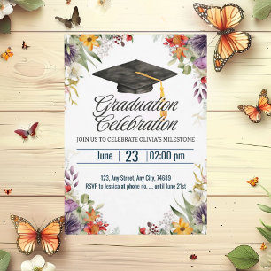 Colourful Flowers Cap Topper Graduation Celebratio Invitation