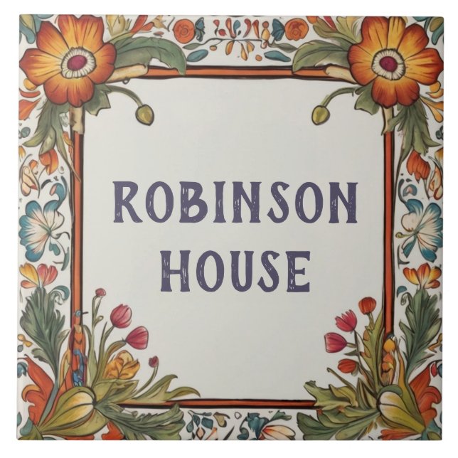 Colourful Flowers Custom House Name Plate Sign Ceramic Tile (Front)