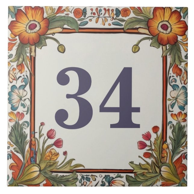 Colourful Flowers Custom House Number Plate Sign Ceramic Tile (Front)