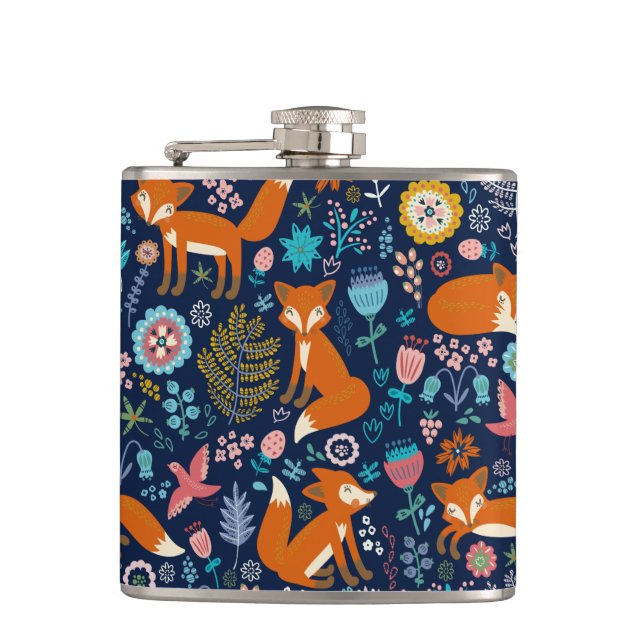 Colourful Flowers & Cute Foxes Pattern Hip Flask (Front)