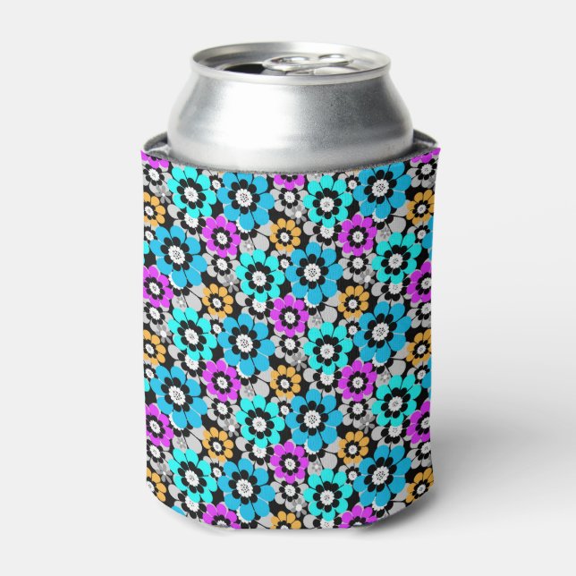 Colourful flowers daisies Blue Turquoise Purple  Can Cooler (Can Front)
