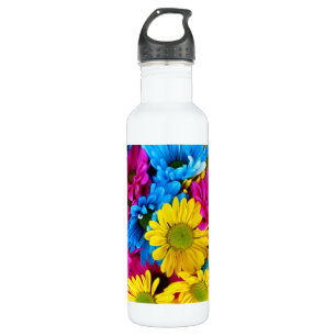 Colourful Flowers, Daisies - Blue Yellow Pink 710 Ml Water Bottle