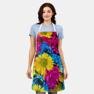 Colourful Flowers, Daisies - Blue Yellow Pink Apron