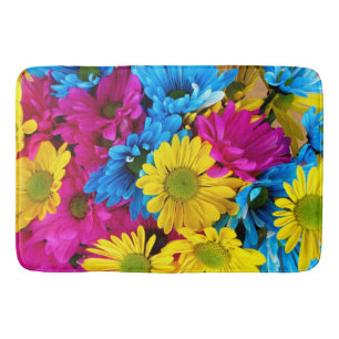 Colourful Flowers, Daisies - Blue Yellow Pink Bath Mat