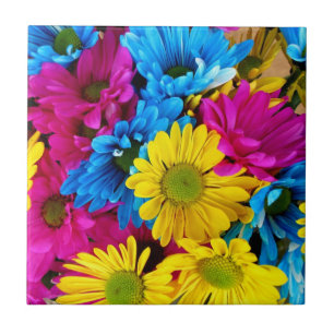Colourful Flowers, Daisies - Blue Yellow Pink Ceramic Tile