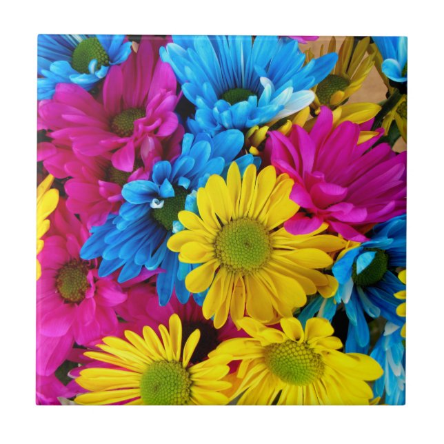 Colourful Flowers, Daisies - Blue Yellow Pink Ceramic Tile (Front)