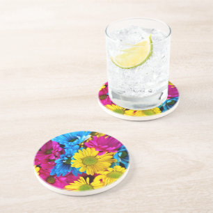 Colourful Flowers, Daisies - Blue Yellow Pink Coaster