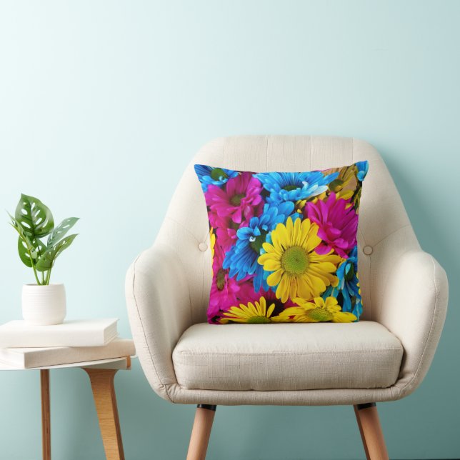 Colourful Flowers, Daisies - Blue Yellow Pink Cushion (Chair)