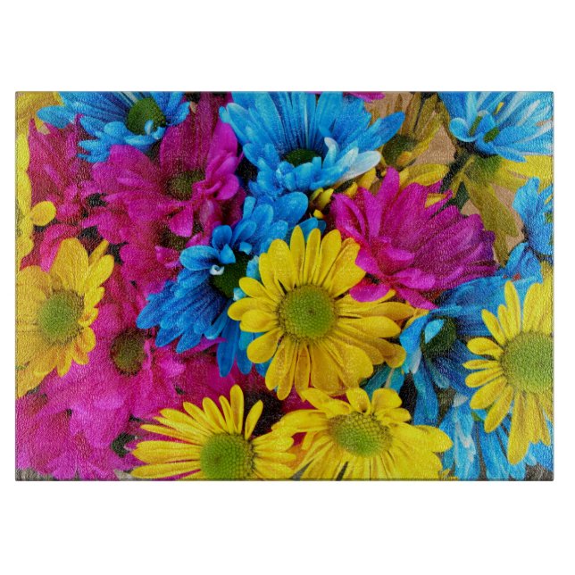 Colourful Flowers, Daisies - Blue Yellow Pink Cutting Board (Front)