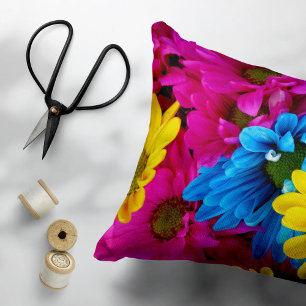 Colourful Flowers, Daisies - Blue Yellow Pink Decorative Cushion