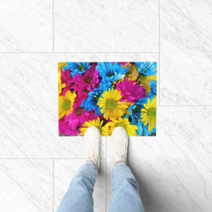 Colourful Flowers, Daisies - Blue Yellow Pink Doormat