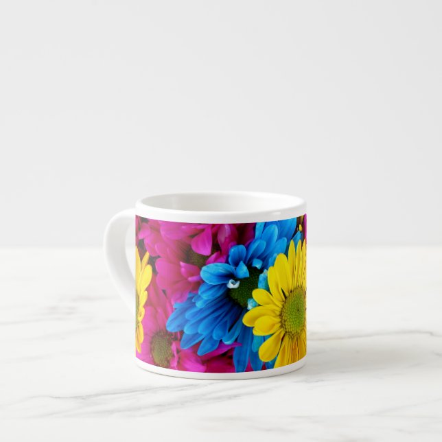 Colourful Flowers, Daisies - Blue Yellow Pink Espresso Cup (Front Left)