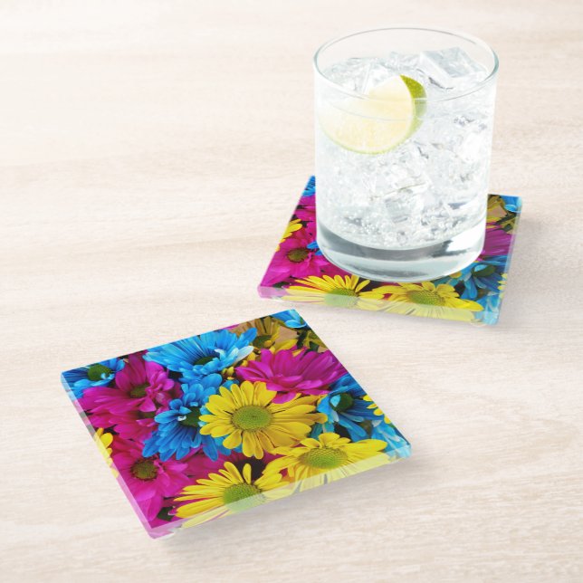 Colourful Flowers, Daisies - Blue Yellow Pink Glass Coaster (Angled)