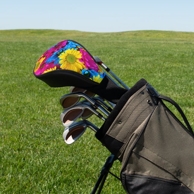 Colourful Flowers, Daisies - Blue Yellow Pink Golf Head Cover (In Situ)