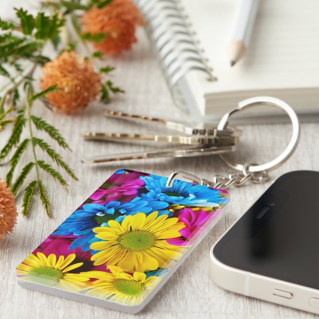 Colourful Flowers, Daisies - Blue Yellow Pink Key Ring (Front Right)