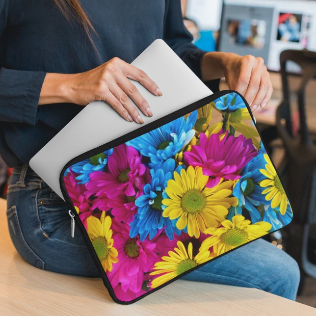 Colourful Flowers, Daisies - Blue Yellow Pink Laptop Sleeve (Creator Uploaded)