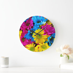 Colourful Flowers, Daisies - Blue Yellow Pink Large Clock