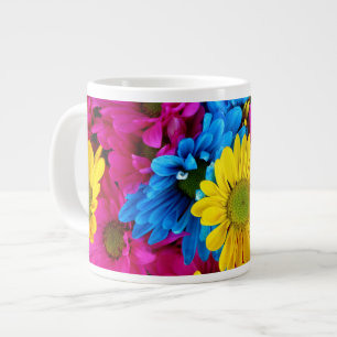 Colourful Flowers, Daisies - Blue Yellow Pink Large Coffee Mug