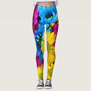 Colourful Flowers, Daisies - Blue Yellow Pink Leggings