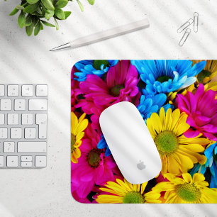 Colourful Flowers, Daisies - Blue Yellow Pink Mouse Pad