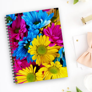 Colourful Flowers, Daisies - Blue Yellow Pink Notebook