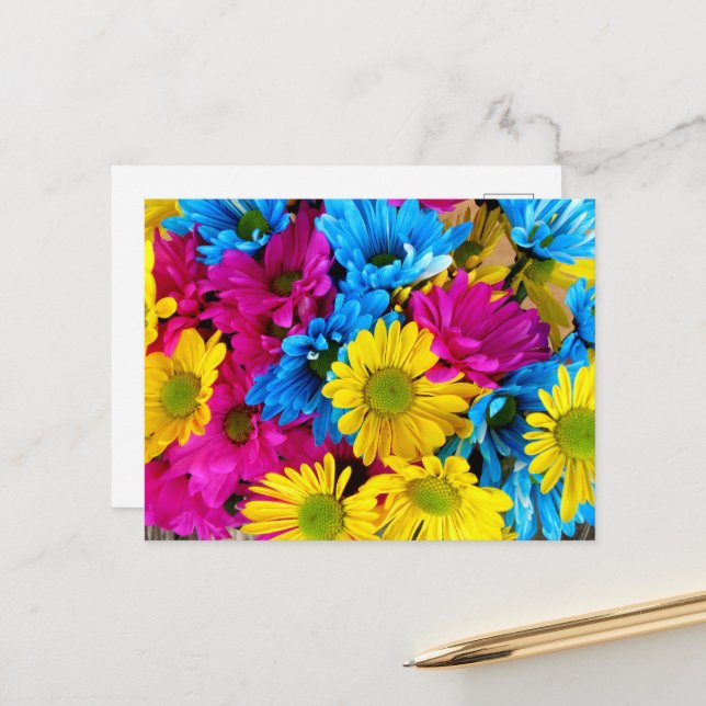 Colourful Flowers, Daisies - Blue Yellow Pink Postcard (Front/Back In Situ)
