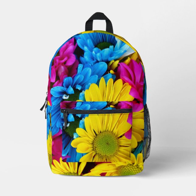 Colourful Flowers, Daisies - Blue Yellow Pink Printed Backpack (Front)