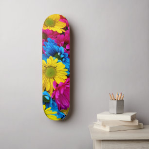 Colourful Flowers, Daisies - Blue Yellow Pink Skateboard
