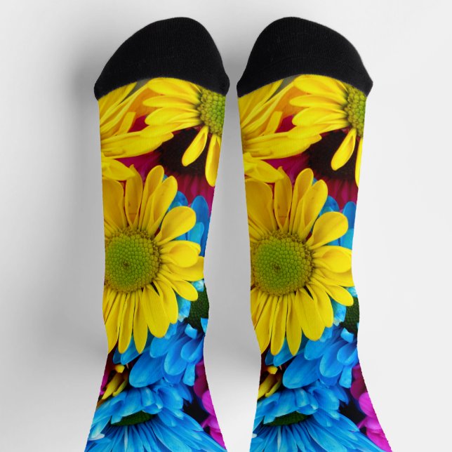 Colourful Flowers, Daisies - Blue Yellow Pink Socks (Top)