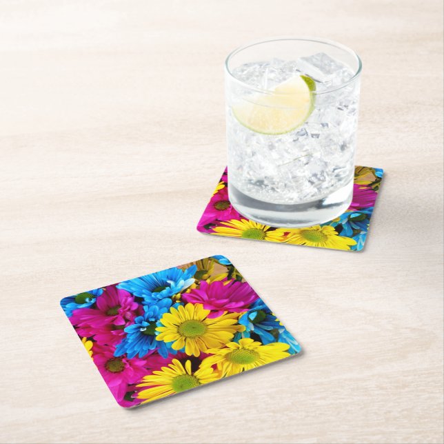 Colourful Flowers, Daisies - Blue Yellow Pink Square Paper Coaster (Insitu)