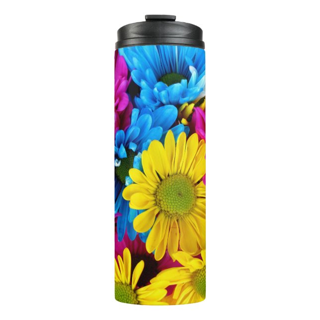 Colourful Flowers, Daisies - Blue Yellow Pink Thermal Tumbler (Front)