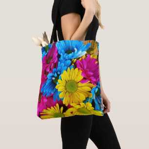 Colourful Flowers, Daisies - Blue Yellow Pink Tote Bag