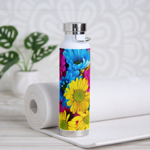 Colourful Flowers, Daisies - Blue Yellow Pink Water Bottle
