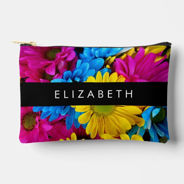 Colourful Flowers, Daisies, Boho, Your Name Accessory Pouch (Front)
